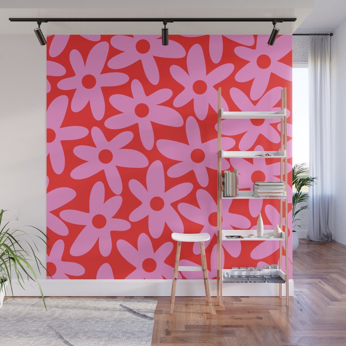 Daisy Time Floral Pattern in Preppy Pink and Red Wall Mural Gallery Image 1