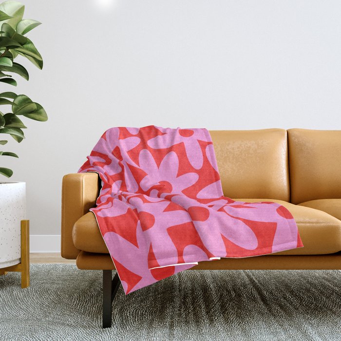 Daisy Time Floral Pattern in Preppy Pink and Red Throw Blanket Gallery Image 1