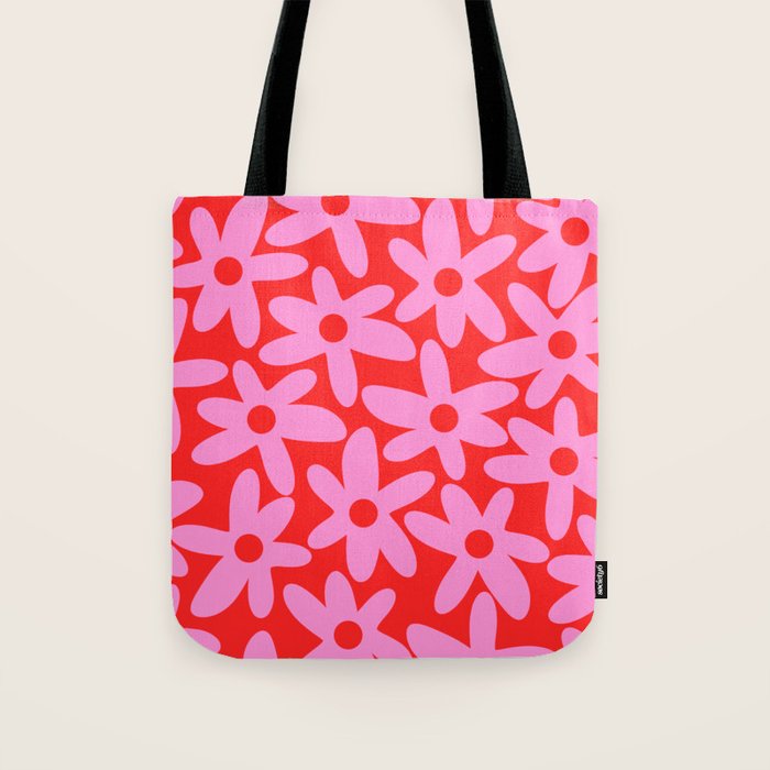 Daisy Time Floral Pattern in Preppy Pink and Red Tote Bag Gallery Image 1