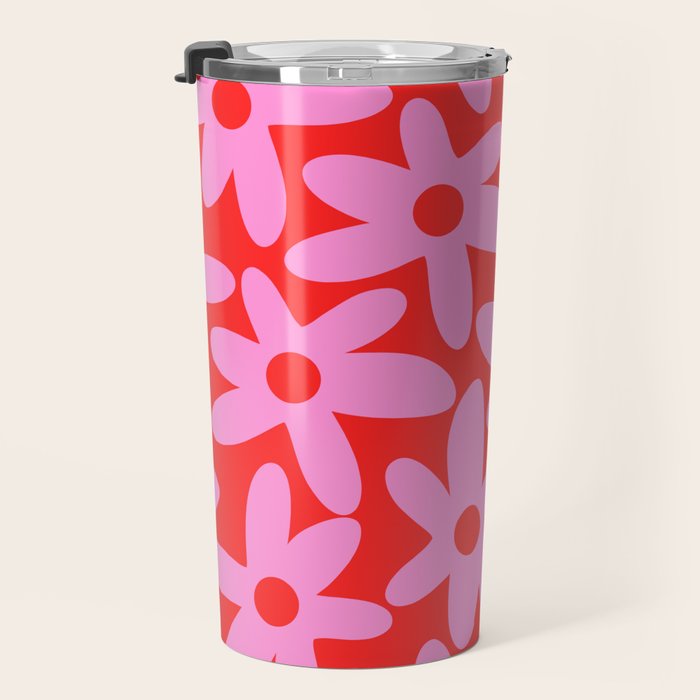 Daisy Time Floral Pattern in Preppy Pink and Red Travel Mug Gallery Image 3