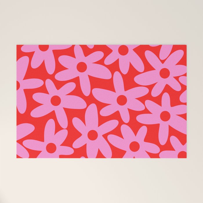 Daisy Time Floral Pattern in Preppy Pink and Red Welcome Mat Gallery Image 1