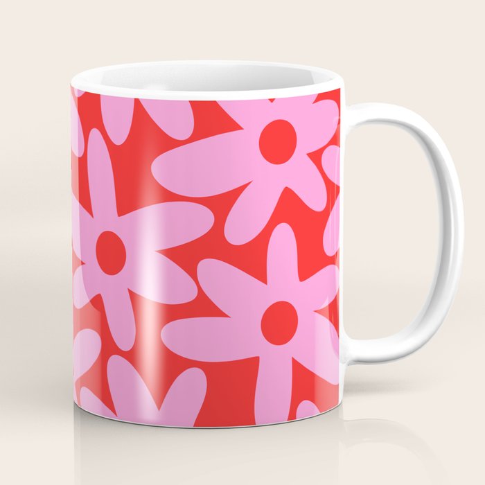 Daisy Time Floral Pattern in Preppy Pink and Red Coffee Mug Gallery Image 1