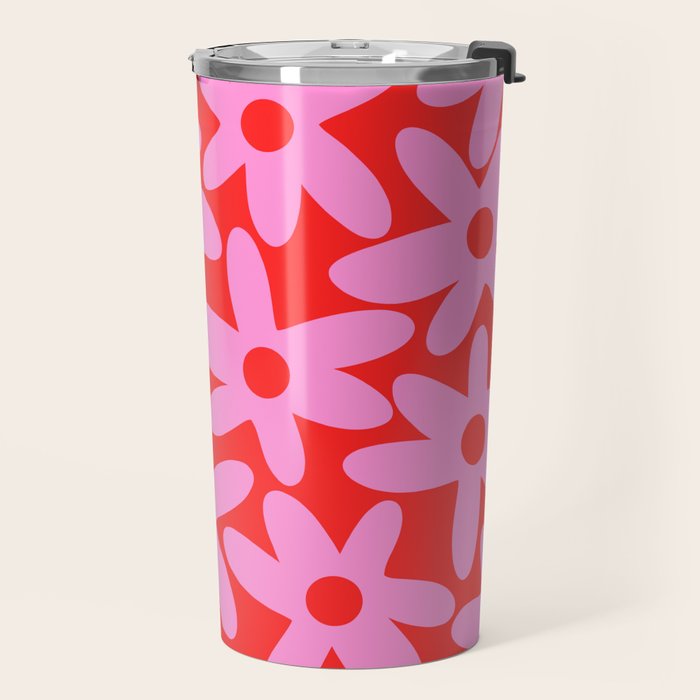Daisy Time Floral Pattern in Preppy Pink and Red Travel Mug Gallery Image 2