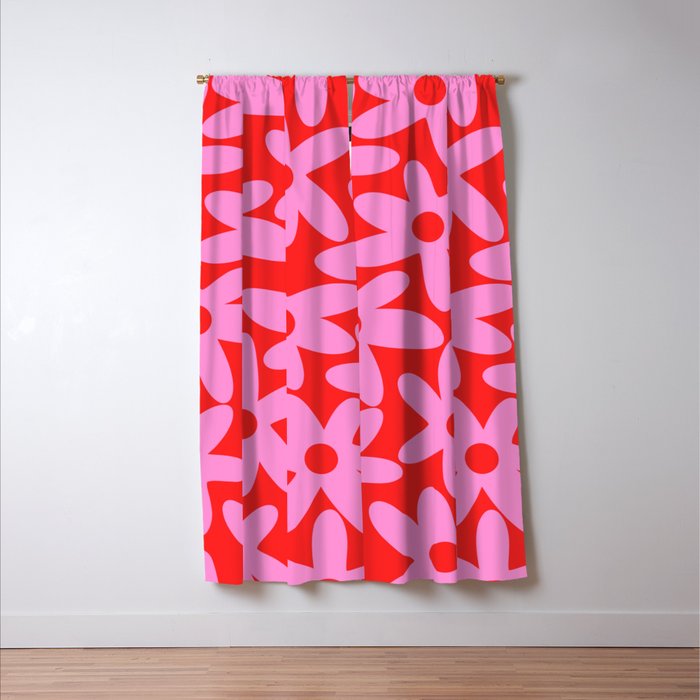 Daisy Time Floral Pattern in Preppy Pink and Red Window Curtain Gallery Image 3