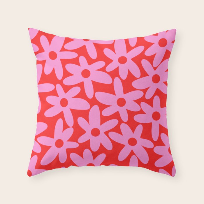 Daisy Time Floral Pattern in Preppy Pink and Red Throw Pillow Gallery Image 6