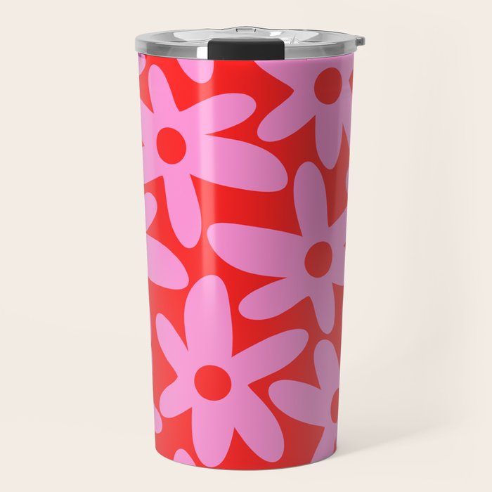 Daisy Time Floral Pattern in Preppy Pink and Red Travel Mug Gallery Image 1