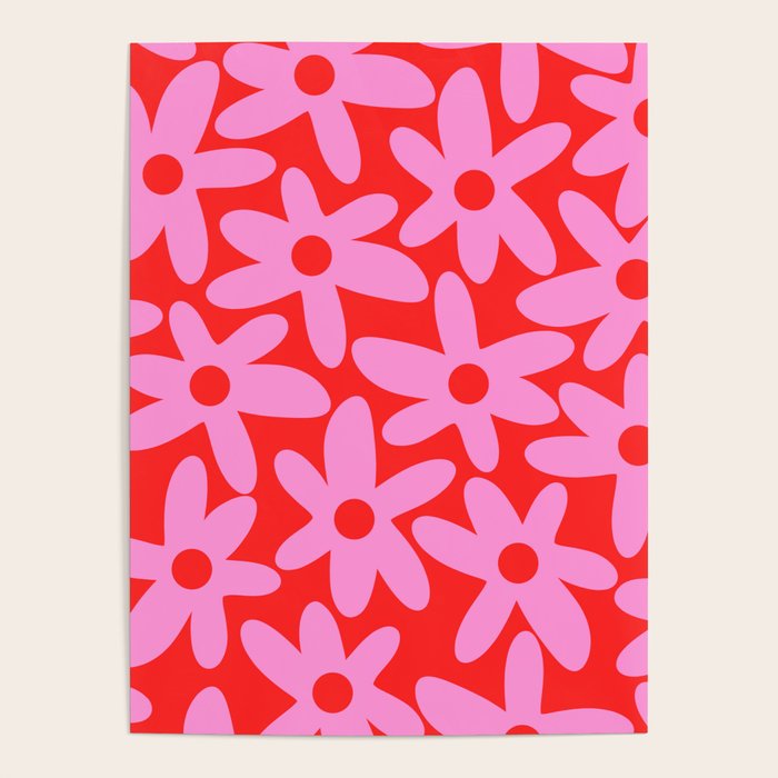Daisy Time Floral Pattern in Preppy Pink and Red Poster Gallery Image 1