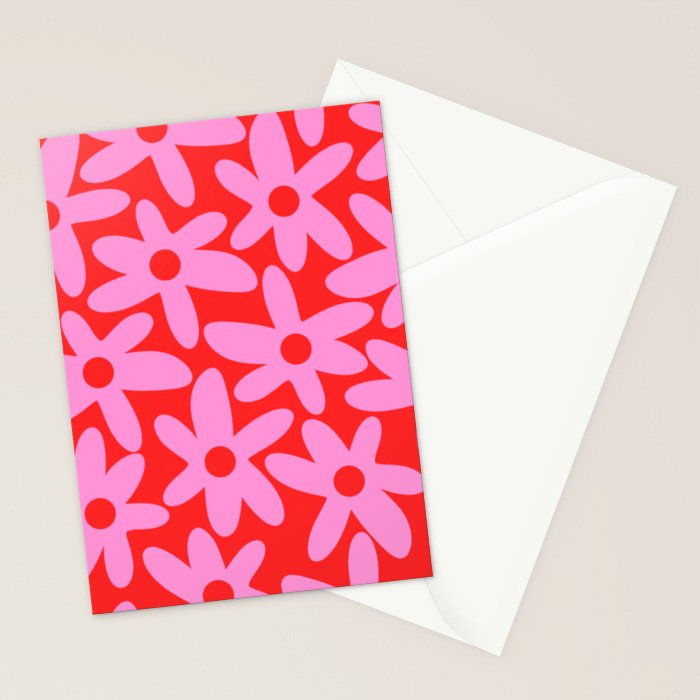 Daisy Time Floral Pattern in Preppy Pink and Red Stationery Card Gallery Image 2