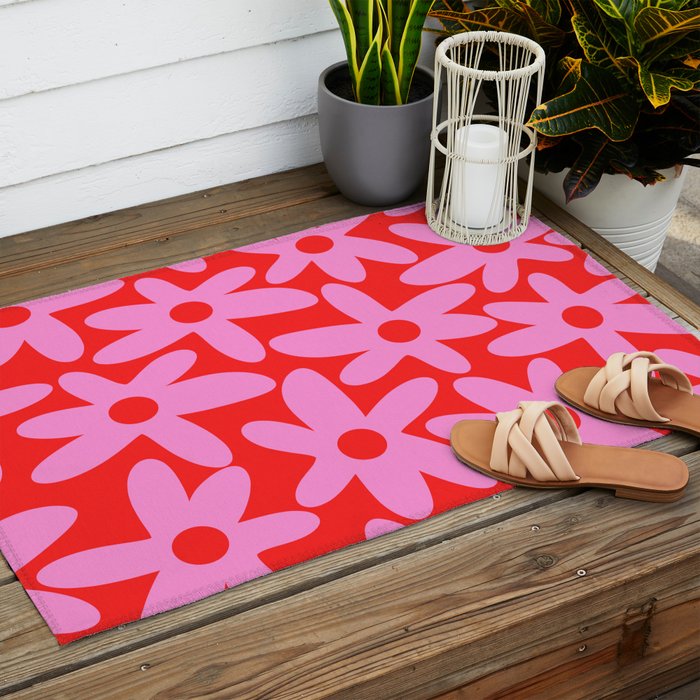 Daisy Time Floral Pattern in Preppy Pink and Red Outdoor Rug Gallery Image 2