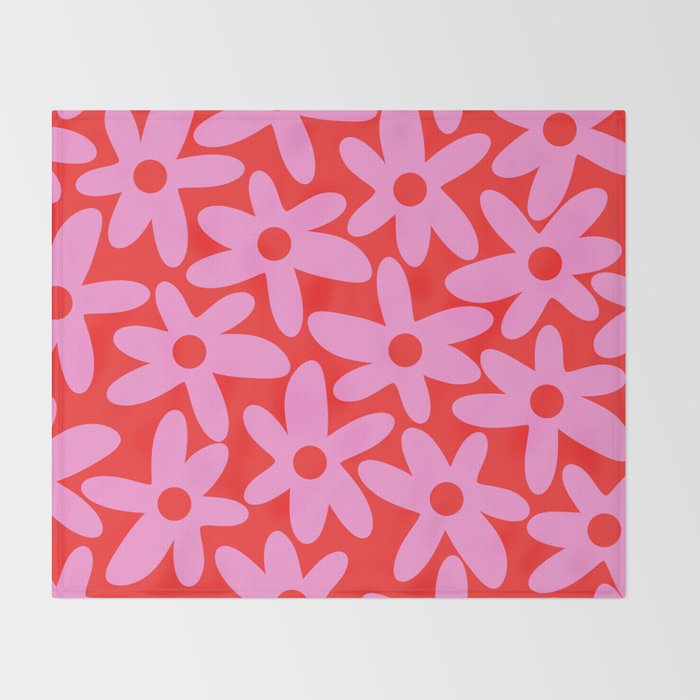 Daisy Time Floral Pattern in Preppy Pink and Red Throw Blanket Gallery Image 2