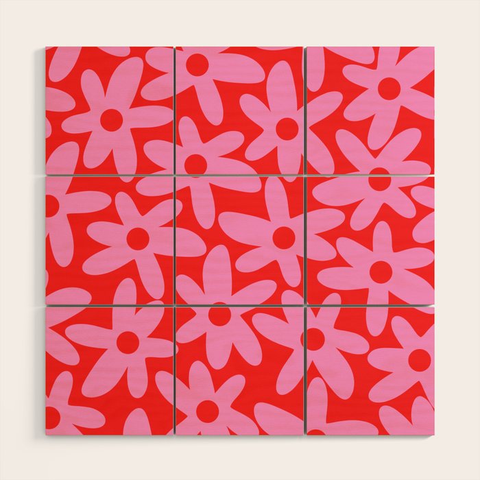 Daisy Time Floral Pattern in Preppy Pink and Red Wood Wall Art Gallery Image 1