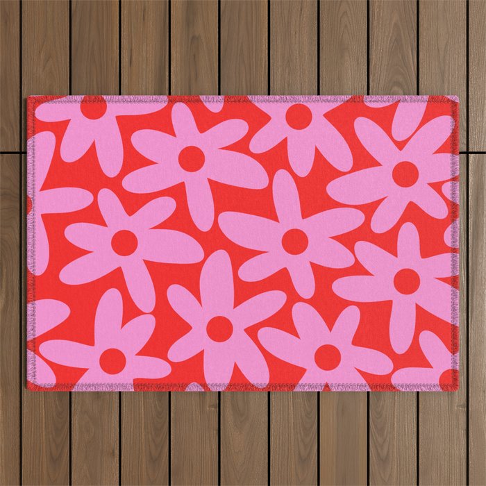 Daisy Time Floral Pattern in Preppy Pink and Red Outdoor Rug Gallery Image 1