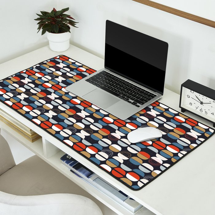 Mid century geometric pattern dark blue Desk Mat Gallery Image 2