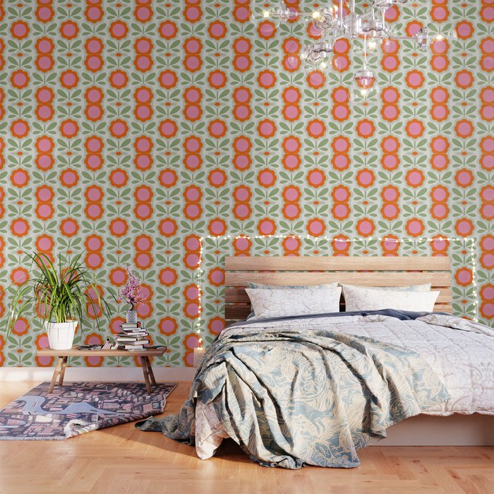 HELLO BOLD RETRO DAISY PATTERN 3. PINK AND GREEN Wallpaper Gallery Image 3