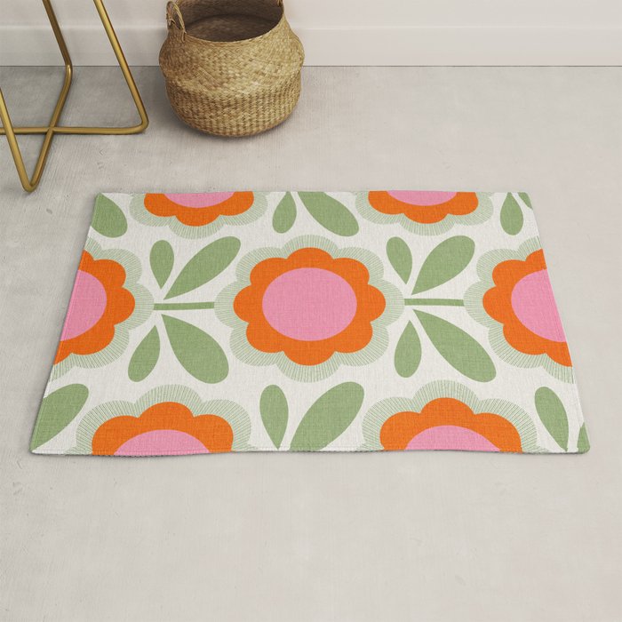 HELLO BOLD RETRO DAISY PATTERN 3. PINK AND GREEN Rug Gallery Image 1