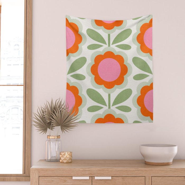 HELLO BOLD RETRO DAISY PATTERN 3. PINK AND GREEN Wall Tapestry Gallery Image 2