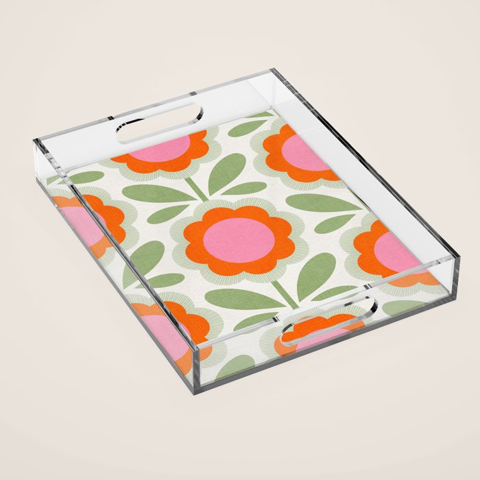 HELLO BOLD RETRO DAISY PATTERN 3. PINK AND GREEN Acrylic Tray Gallery Image 1