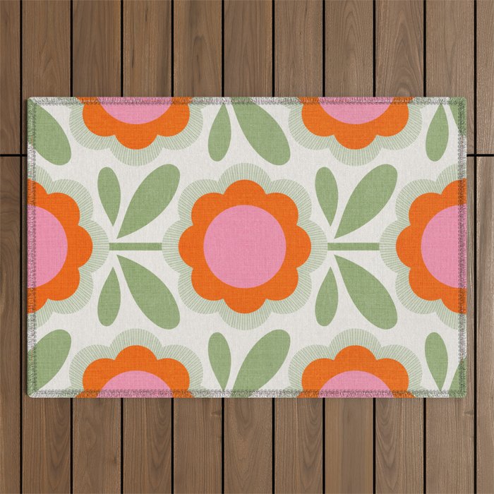 HELLO BOLD RETRO DAISY PATTERN 3. PINK AND GREEN Outdoor Rug Gallery Image 1