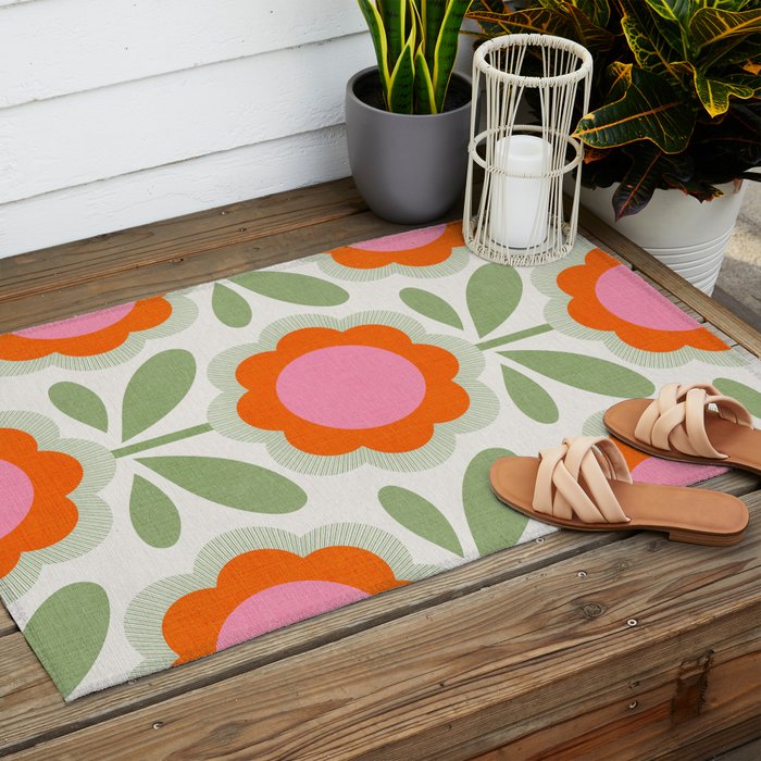 HELLO BOLD RETRO DAISY PATTERN 3. PINK AND GREEN Outdoor Rug Gallery Image 2