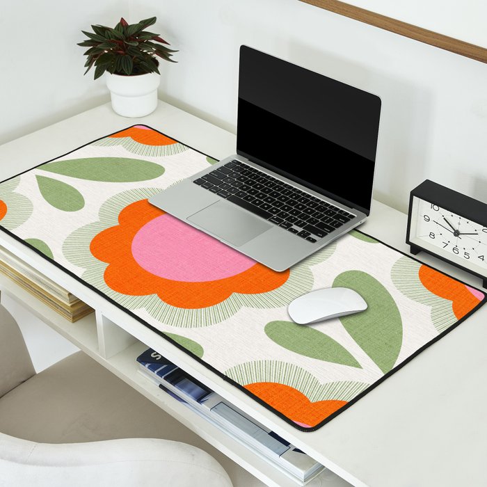 HELLO BOLD RETRO DAISY PATTERN 3. PINK AND GREEN Desk Mat Gallery Image 2