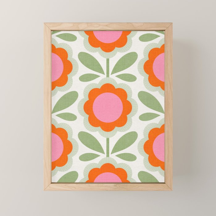 HELLO BOLD RETRO DAISY PATTERN 3. PINK AND GREEN Mini Art Print Gallery Image 1