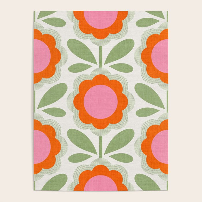HELLO BOLD RETRO DAISY PATTERN 3. PINK AND GREEN Poster Gallery Image 4