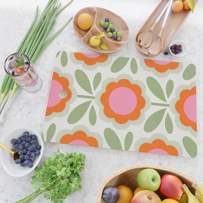 HELLO BOLD RETRO DAISY PATTERN 3. PINK AND GREEN Cutting Board Gallery Image 2