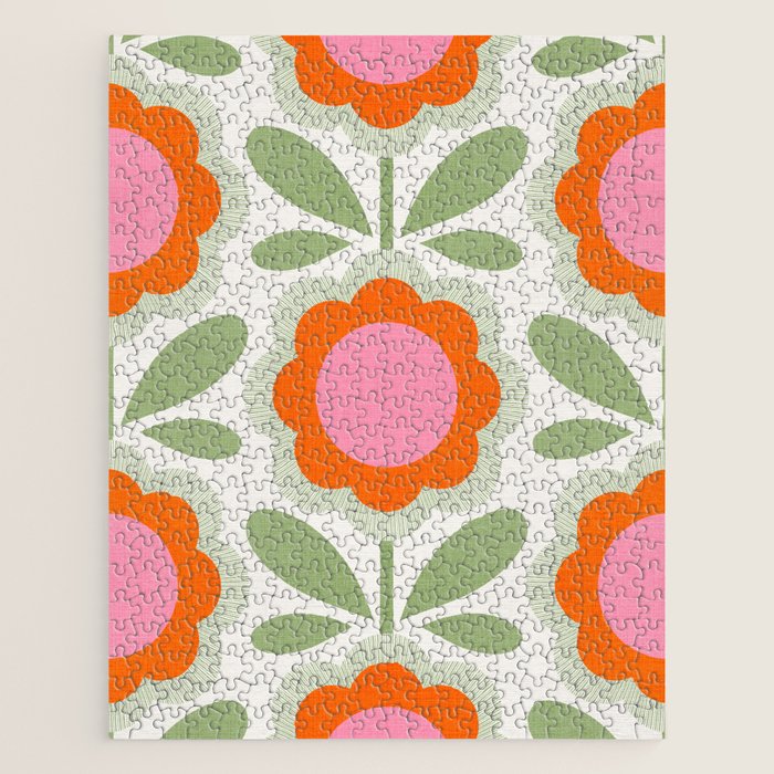 HELLO BOLD RETRO DAISY PATTERN 3. PINK AND GREEN Jigsaw Puzzle Gallery Image 1