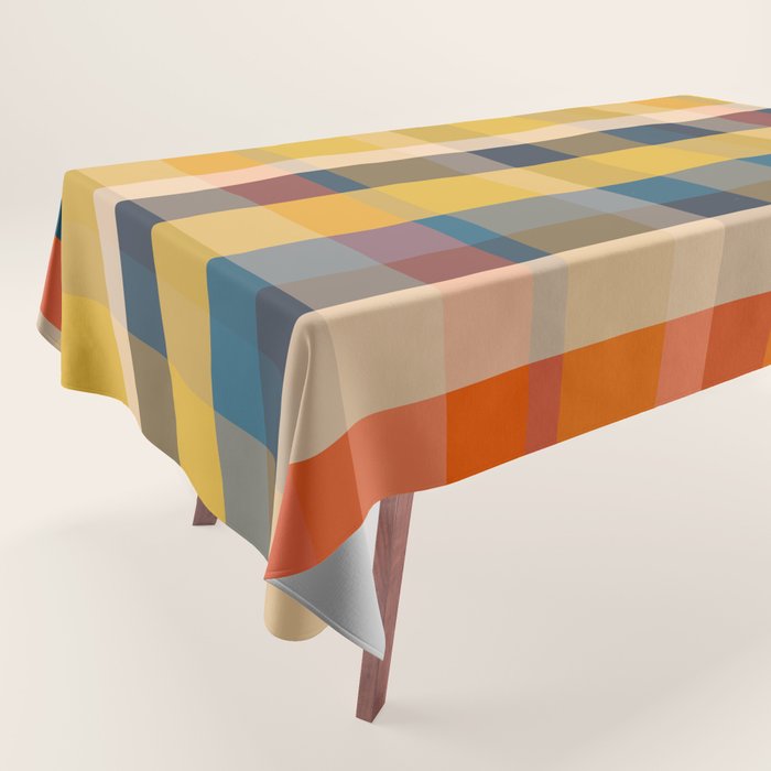 Retro Modern Plaid Pattern Orange Mustard Yellow Blue Tablecloth Gallery Image 1
