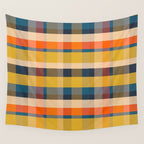 Retro Modern Plaid Pattern Orange Mustard Yellow Blue Wall Tapestry Gallery Image 4