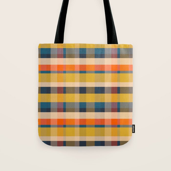 Retro Modern Plaid Pattern Orange Mustard Yellow Blue Tote Bag Gallery Image 1