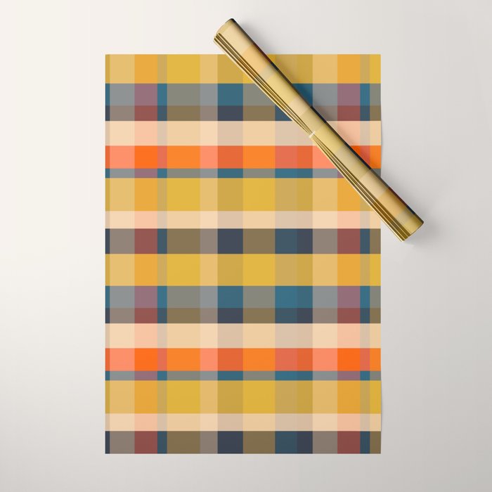 Retro Modern Plaid Pattern Orange Mustard Yellow Blue Wrapping Paper Gallery Image 1
