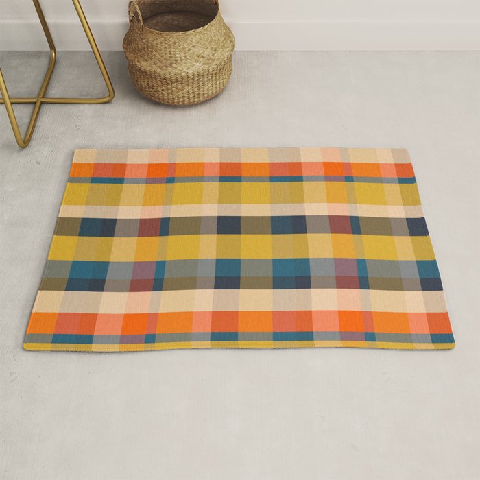Retro Modern Plaid Pattern Orange Mustard Yellow Blue Rug Gallery Image 1