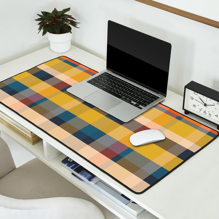 Retro Modern Plaid Pattern Orange Mustard Yellow Blue Desk Mat Gallery Image 2