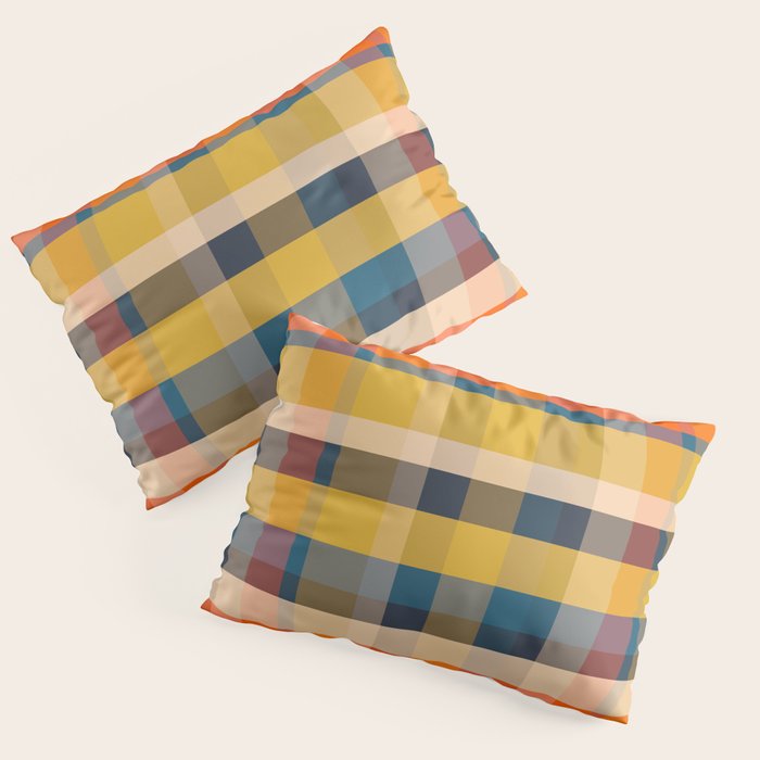 Retro Modern Plaid Pattern Orange Mustard Yellow Blue Pillow Sham Gallery Image 1