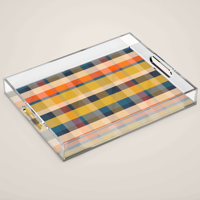 Retro Modern Plaid Pattern Orange Mustard Yellow Blue Acrylic Tray Gallery Image 1