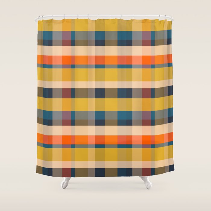 Retro Modern Plaid Pattern Orange Mustard Yellow Blue Shower Curtain Gallery Image 1
