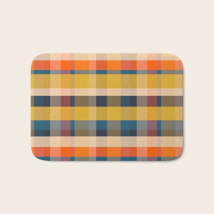 Retro Modern Plaid Pattern Orange Mustard Yellow Blue Bath Mat Gallery Image 1