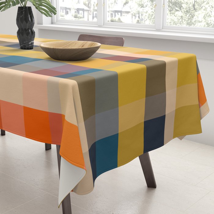 Retro Modern Plaid Pattern Orange Mustard Yellow Blue Tablecloth Gallery Image 3