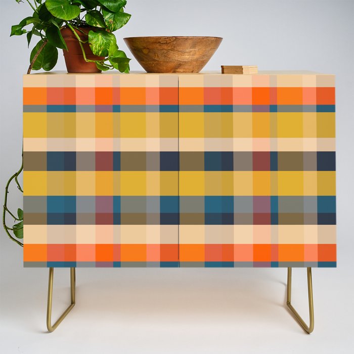 Retro Modern Plaid Pattern Orange Mustard Yellow Blue Credenza Gallery Image 1