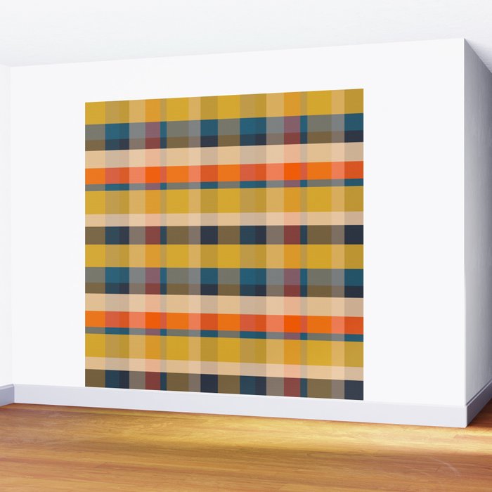 Retro Modern Plaid Pattern Orange Mustard Yellow Blue Wall Mural Gallery Image 2