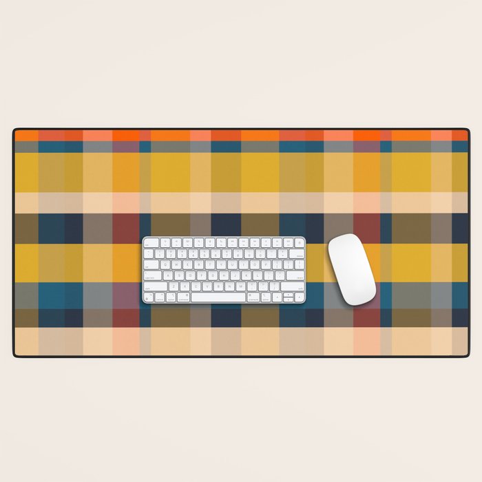 Retro Modern Plaid Pattern Orange Mustard Yellow Blue Desk Mat Gallery Image 1
