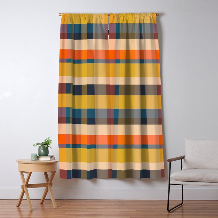 Retro Modern Plaid Pattern Orange Mustard Yellow Blue Window Curtain Gallery Image 1