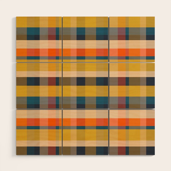 Retro Modern Plaid Pattern Orange Mustard Yellow Blue Wood Wall Art Gallery Image 1