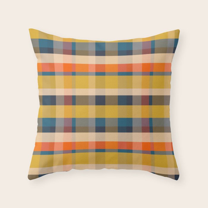 Retro Modern Plaid Pattern Orange Mustard Yellow Blue Throw Pillow Gallery Image 1