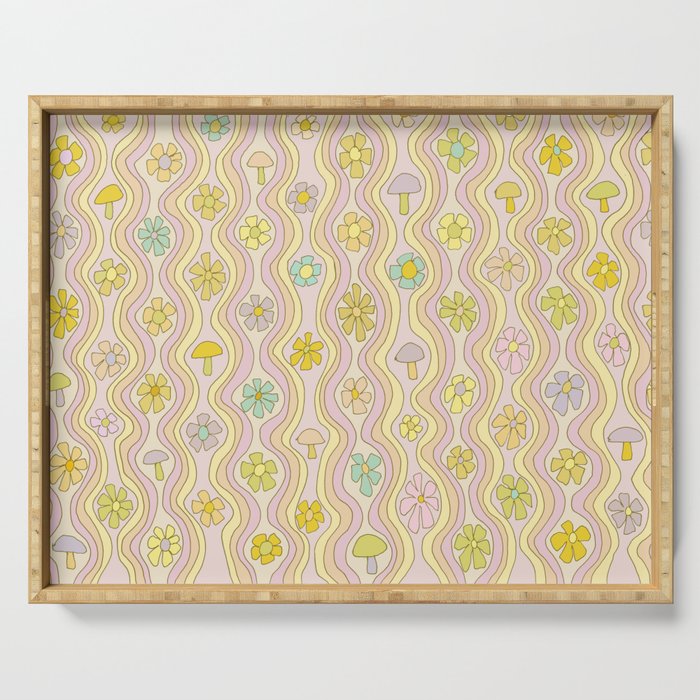 purple haze mushroom flower power wallpaper wiggles // retro art by surfy birdy Serving Tray Gallery Image 1