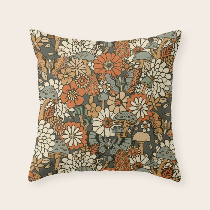 Mushroom Butterfly Garden Throw Pillow Gallery Image 1
