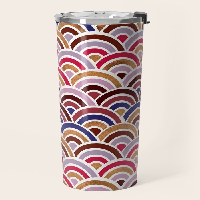 Japanese Seigaiha Wave - Mauve & Gold Palette Travel Mug Gallery Image 2