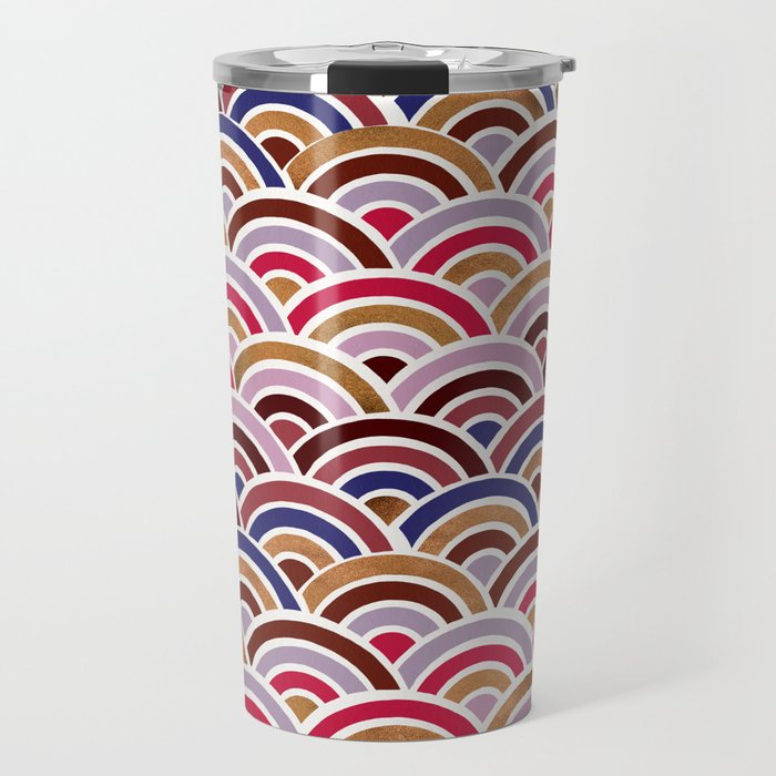 Japanese Seigaiha Wave - Mauve & Gold Palette Travel Mug Gallery Image 1