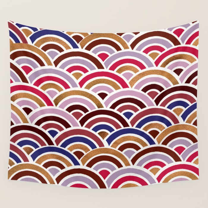 Japanese Seigaiha Wave - Mauve & Gold Palette Wall Tapestry Gallery Image 4